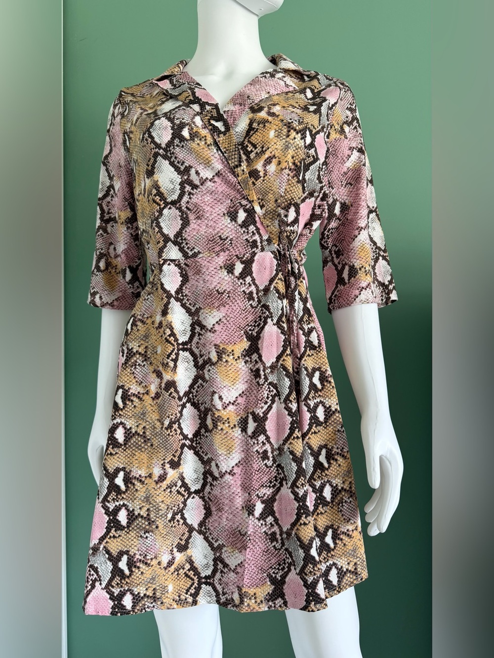 QED London Pink & Tan Snake-Print Wrap Midi Dress